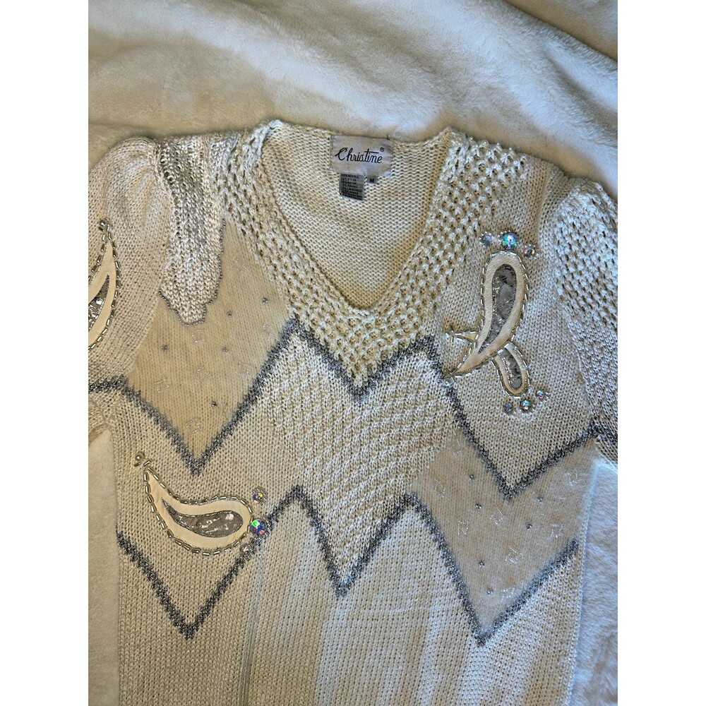 VNTG 80s Christine Women's M Sweater Beaded Embellished Cream Grandmacore Glam - Picture 3 of 10